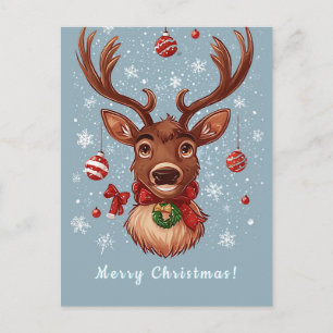 Christmas Reindeer Illustration with Ornaments Postcard