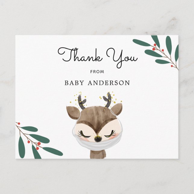 Christmas Reindeer in mask Baby Shower Thank You Postcard (Front)