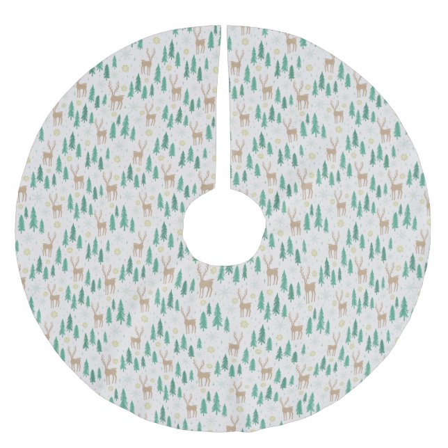 Christmas Reindeer in the Evergreen Winter Forest Brushed Polyester Tree Skirt (Front)