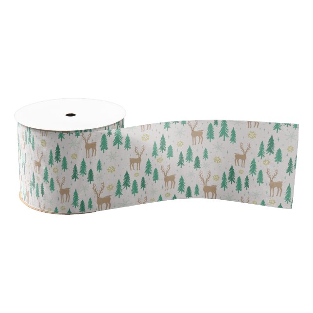 Christmas Reindeer in the Evergreen Winter Forest Grosgrain Ribbon (Spool)