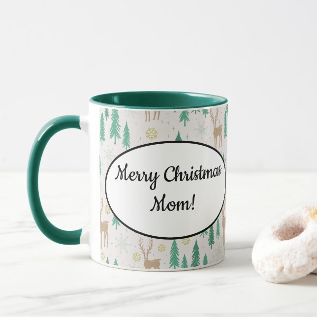 Christmas Reindeer in the Evergreen Winter Forest Mug (With Donut)