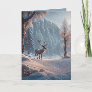 Christmas Reindeer In Winter Valley Forest Holiday Card