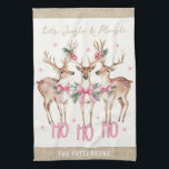 Christmas Reindeer Jingle & Mingle Personalised Tea Towel<br><div class="desc">Christmas Reindeer Jingle & Mingle Festive Party Personalised Name Kitchen Towel features festive reindeer with pink bows and floral accents with the text "Let's Jingle & Mingle" in modern gold calligraphy script typography with your personalised name. Perfect personalised gift for Christmas and the holidays for family and friends. Designed by...</div>