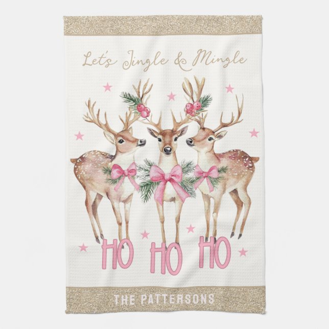 Christmas Reindeer Jingle & Mingle Personalised Tea Towel (Vertical)