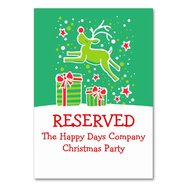 Christmas reindeer jumping reserved table card (Back)