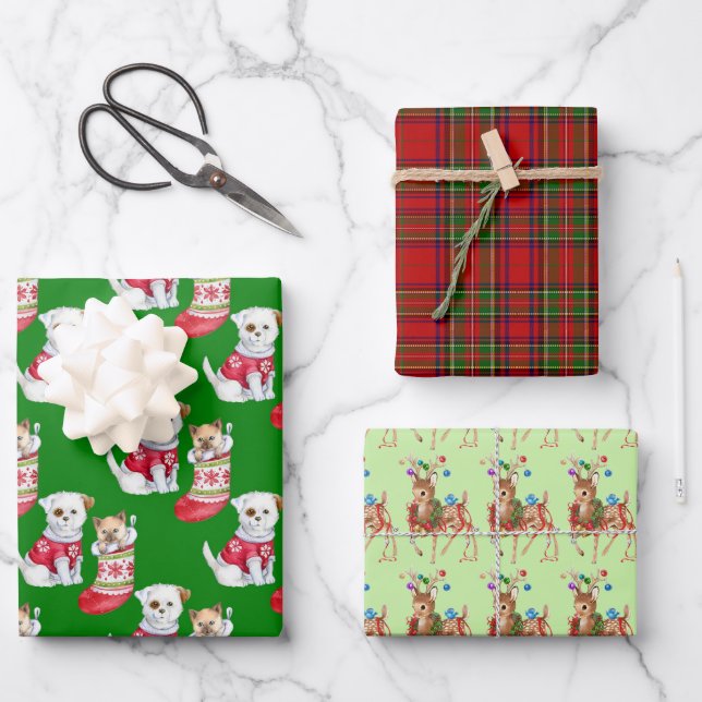 Christmas Reindeer Kitten, Dog and Green Red Plaid Wrapping Paper Sheet (Front)