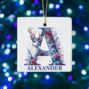 Christmas Reindeer Letter A Monogram Custom Name Ceramic Ornament