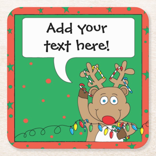 Christmas Reindeer Lights Candy Canes Square Paper Coaster (Front)