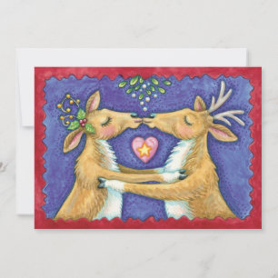 Christmas Reindeer, Mistletoe Kiss Save the Date Invitation