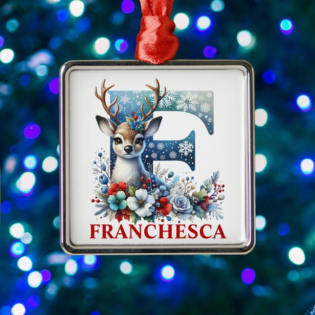 Christmas Reindeer Monogram Letter F Custom Name Metal Tree Decoration (Creator Uploaded)