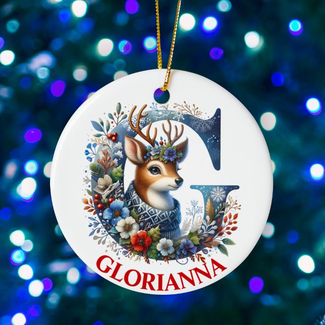 Christmas Reindeer Monogram Letter G Custom Name Ceramic Tree Decoration (Creator Uploaded)