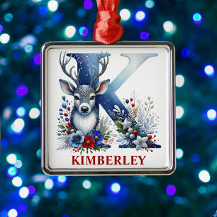 Christmas Reindeer Monogram Letter K Custom Name Metal Tree Decoration