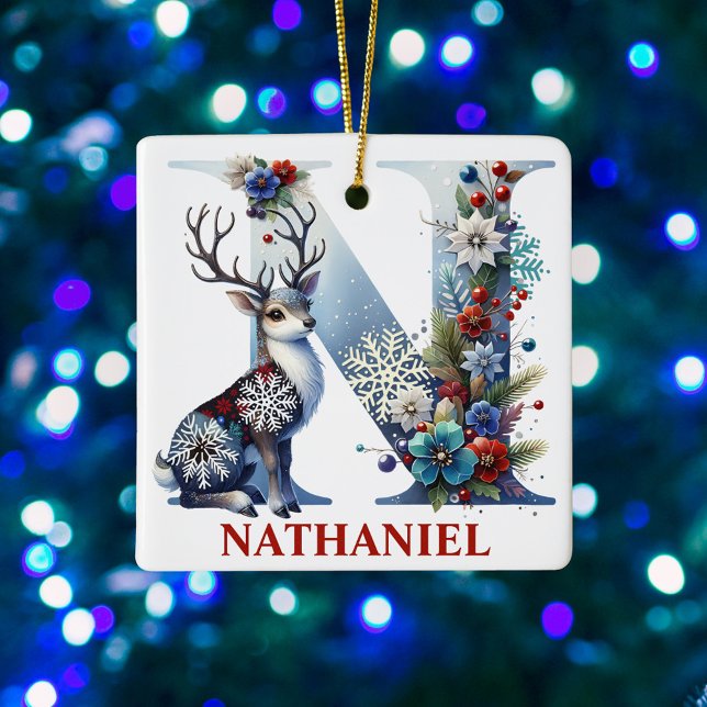 Christmas Reindeer Monogram Letter N Custom Name Ceramic Ornament (Creator Uploaded)