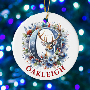Christmas Reindeer Monogram Letter O Custom Name Ceramic Tree Decoration
