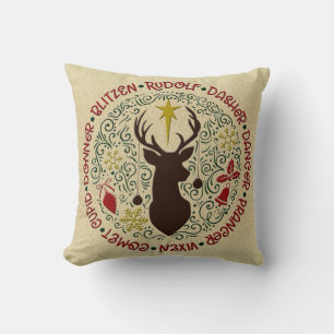 Christmas Reindeer Names Rudolf Burlap look Cushion
