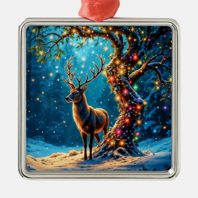 Christmas reindeer North Pole fantasy art Metal Tree Decoration (Front)