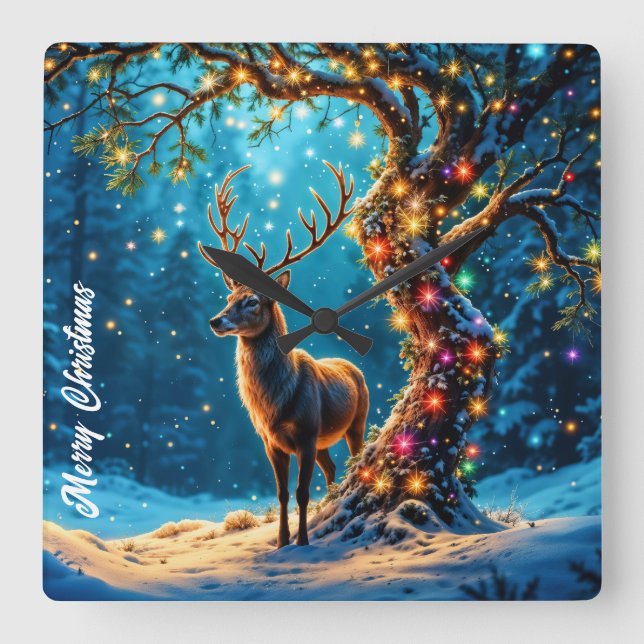 Christmas reindeer North Pole fantasy art Square Wall Clock (Front)