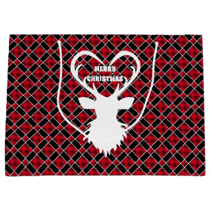 Christmas reindeer on black & red chequered large gift bag