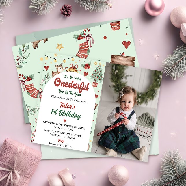 Christmas Reindeer Onederful 1st Birthday Photo Invitation (Creator Uploaded)