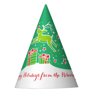 Christmas reindeer over gifts green personalised party hat