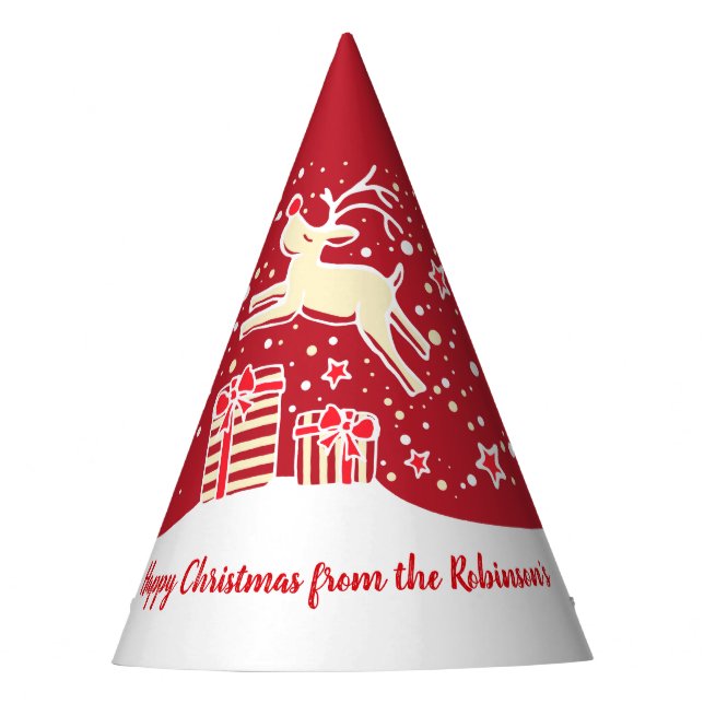 Christmas reindeer over gifts red name hat (Front)