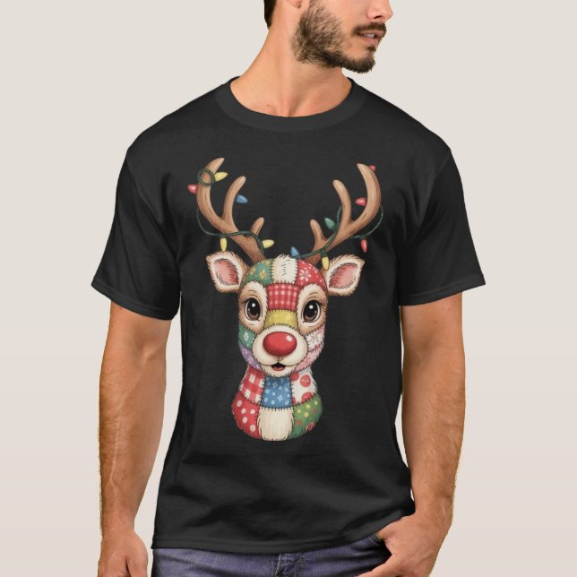 Christmas Reindeer Patchwork Men Women Kids Cute R T-Shirt (Front)