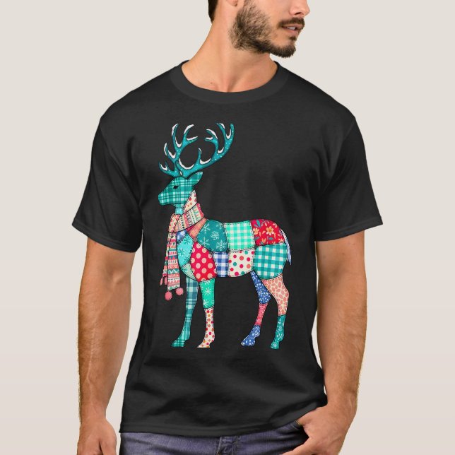 Christmas Reindeer Patchwork Reindeer Men Women Ki T-Shirt (Front)