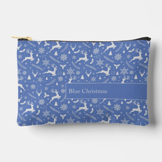 Christmas Reindeer Pattern Blue with Text Accessory Pouch (Front)