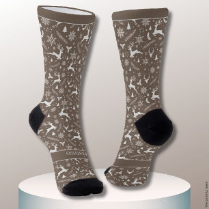 Christmas Reindeer Pattern Brown with Text Socks