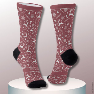 Christmas Reindeer Pattern Red with Text Socks