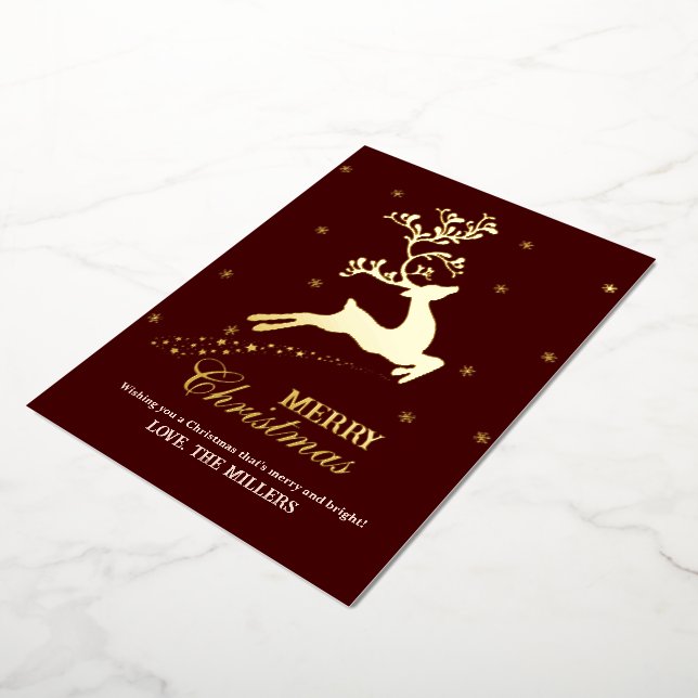 Christmas Reindeer Personalise Family Name  Foil Holiday Card (Rotated)
