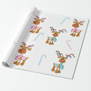 Christmas Reindeer Pink Blue Gender Reveal Party Wrapping Paper