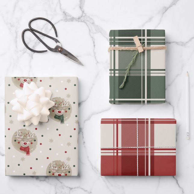 Christmas Reindeer & Plaid Wrapping Paper Sheet (Front)