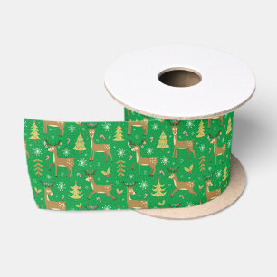 Christmas Reindeer Playing Under Xmas Trees Green Satin Ribbon