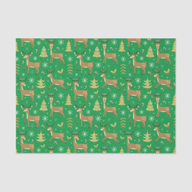 Christmas Reindeer Playing Under Xmas Trees Green Tissue Paper (Front)