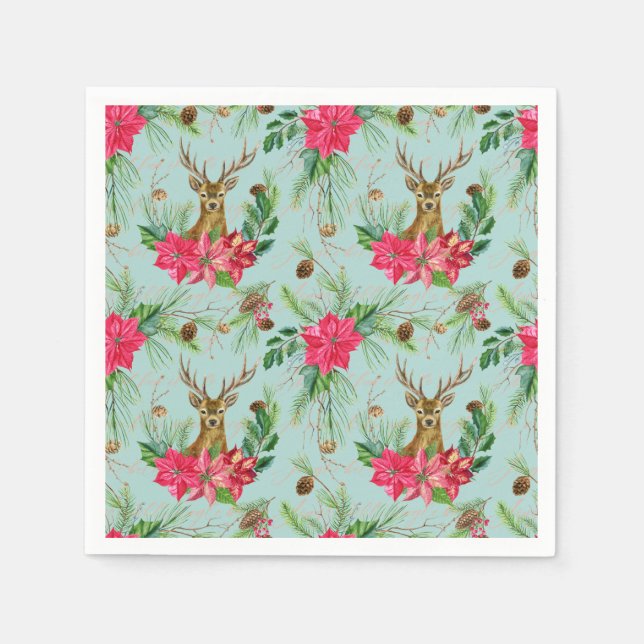 Christmas Reindeer Poinsettia Pattern Paper Napkin (Front)