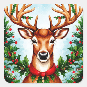 Christmas Reindeer Portrait With Holiday Wreath Square Sticker
