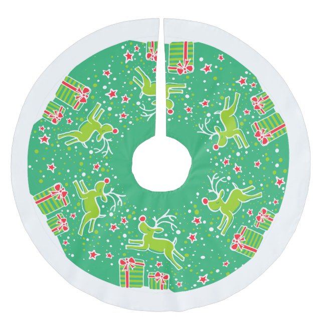 Christmas reindeer prancing over gifts tree skirt (Front)