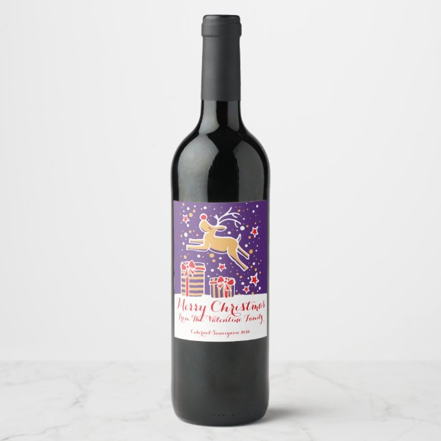 Christmas reindeer red blue custom wine labels (Front)