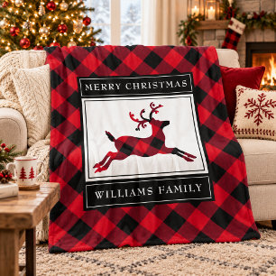 Christmas Reindeer Red Buffalo Plaid Custom Name Fleece Blanket
