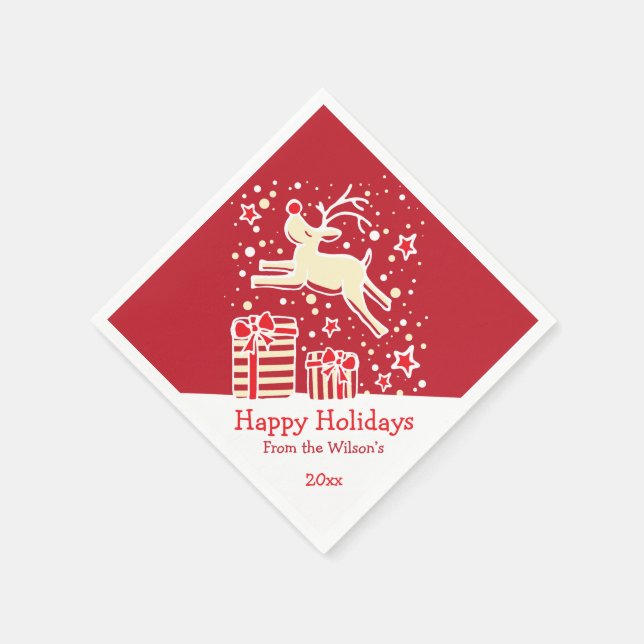 Christmas reindeer red cream yellow paper napkins (Corner)