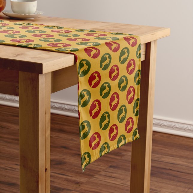 Christmas Reindeer Red Green with Gold Background Long Table Runner (In Situ)
