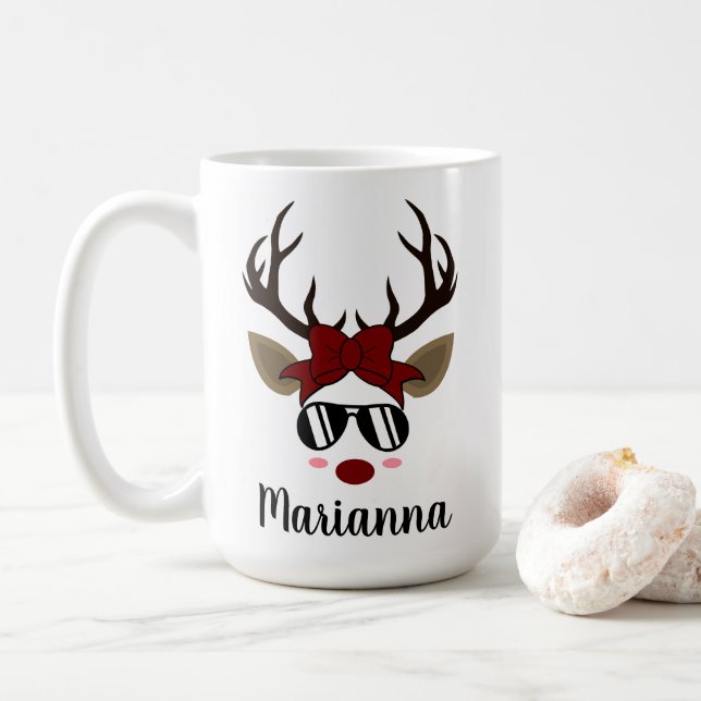 Christmas Reindeer red hair bow black sunglasses Coffee Mug (With Donut)
