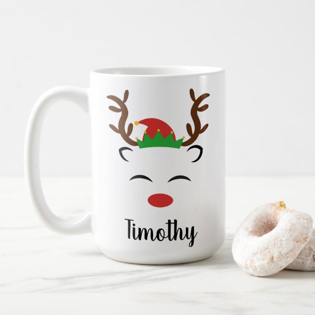 Christmas Reindeer red nose elf hat personalised Coffee Mug (With Donut)