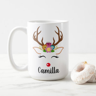 Christmas Reindeer red nose floral garland antlers Coffee Mug