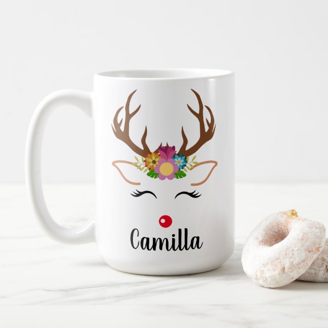 Christmas Reindeer red nose floral garland antlers Coffee Mug (With Donut)