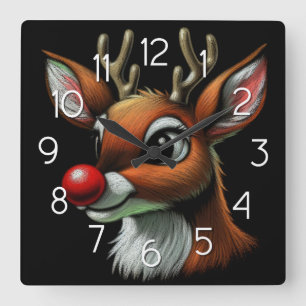 Christmas Reindeer Red Nose Rudolph Square Wall Clock