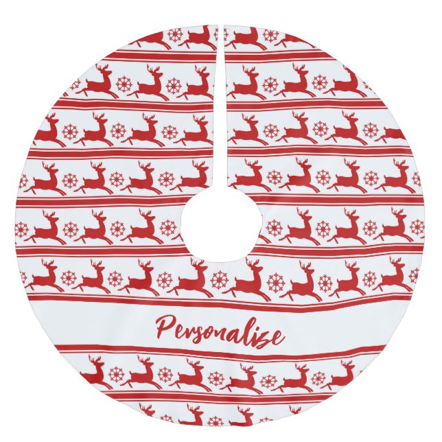 Christmas Reindeer Red White Snowflake Holiday Bru Brushed Polyester Tree Skirt (Front)