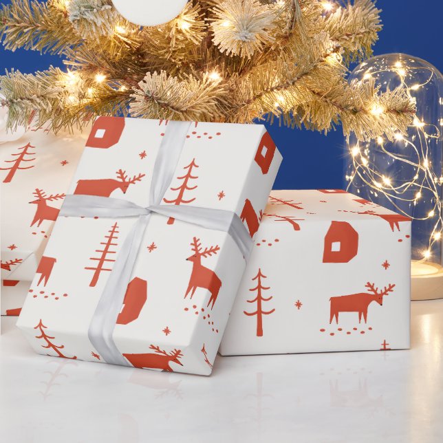 Christmas reindeer. Red woodland animal pattern Wrapping Paper (Holidays)