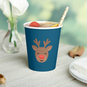 Christmas Reindeer Rudolf on Blue Paper Cups